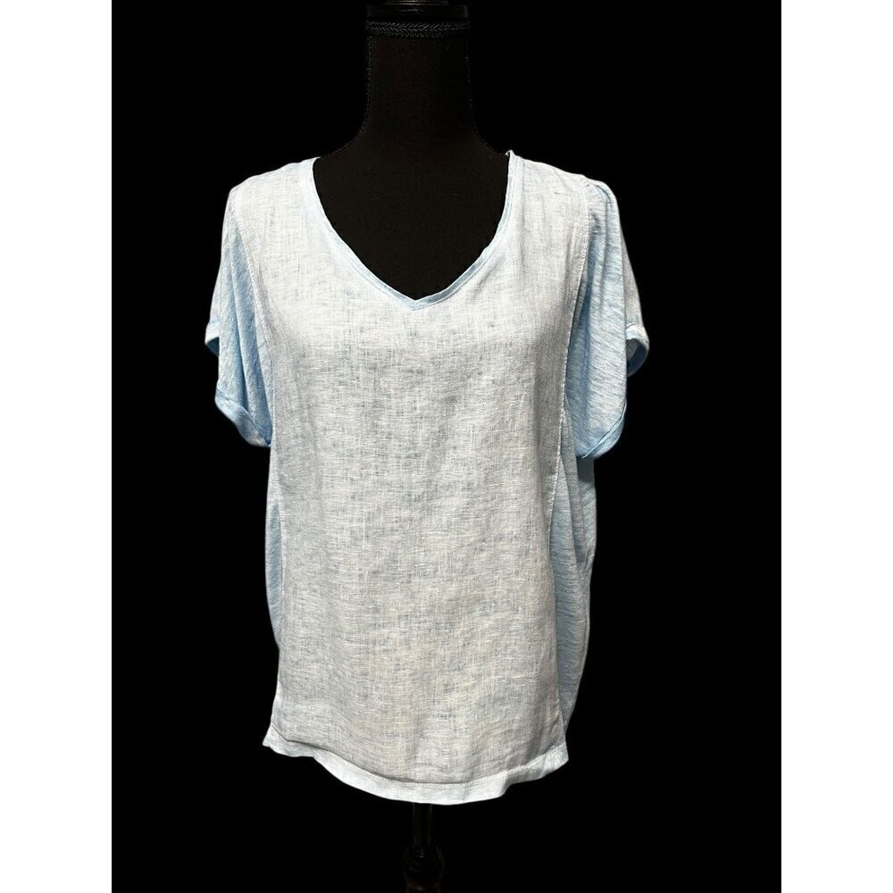 Chicos Light Blue 100% Linen V-Neck Short Sleeve Top, BEACH, TRAVEL, RESORT, M
